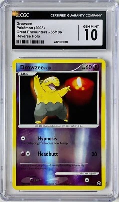2008 Pokemon CGC 10 Drowzee Great Encounters Reverse Holo Card 65/106 GEM MINT - Image 1 of 2