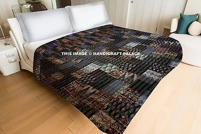 Colcha reversible de seda india sari retazos Kantha edredón ropa de cama queen Foto 1 de 4