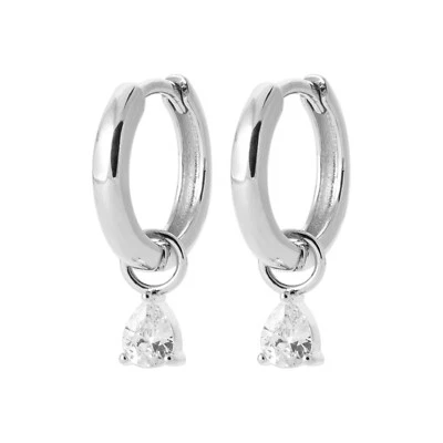 Orecchini A Cerchio In Argento 925/000 Rodio - Pendenti - Zircone Goccia - Immagine 1 di 3