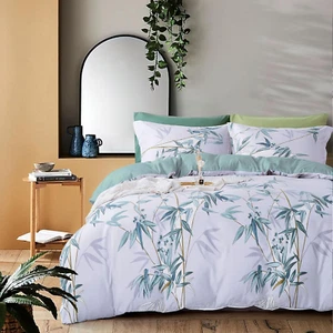 Oriental Bamboo Quilt Cover Set, Queen Size 3Pcs Green Botanical Leaf Quilt Cove - Picture 1 of 12
