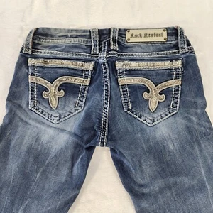 Rock Revival Jeans Womens 29 Blue Nancy Cuffed Straight Bling Rhinestones - Picture 1 of 17