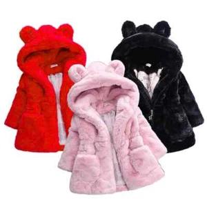 Baby Girls Warm Winter Coats Thick Faux Fur Kids Hooded Jacket Coat 2-7 Years - Picture 1 of 27