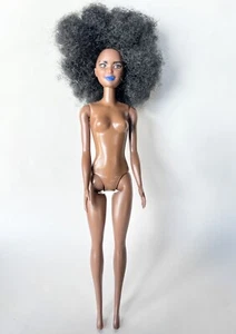 Barbie Doll African American Afro Curly Black Hair Blue Lipstick Lips Nude - Picture 1 of 3