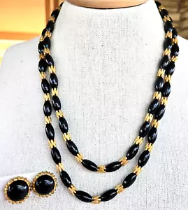 Vtg Trifari Black Lucite Bead Gold Tone 2 Strand Necklace 21.5" Clip Earring Set - Picture 1 of 13