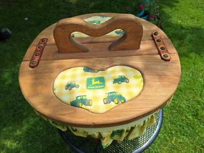 Vintage Sewing Picnic Basket Double Hinged Lid Wood Heart Handle, John Deere - Image 1 of 4