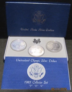 1983 PDS Commemorative 90% Silver 3-dollar Olympic Collector set Boxed COA BU - Picture 1 of 7