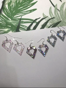 Diamond Shape Statement Earrings. Free P&P Resin & Sterling silver. Glitter - Picture 1 of 5