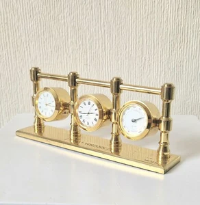 Vintage Heavy Solid Brass Triple Guage Clock Desk Hygrometer Weather Station - Picture 1 of 14