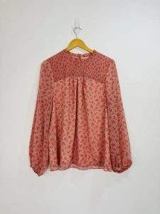 Boden Blouse Women Size 16 Coral Floral Sheer Chiffon Shirred High Neck Shift - Picture 1 of 10