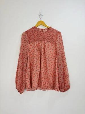 Boden Blouse Women Size 16 Coral Floral Sheer Chiffon Shirred High Neck Shift - Image 1 of 4