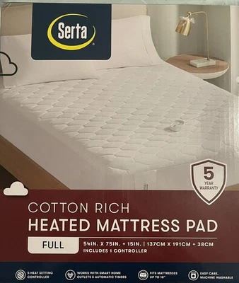 Brand New Serta Cotton Rich Heated Mattress Pad, Full 5 Heat Setting Controller - Image 1 of 4