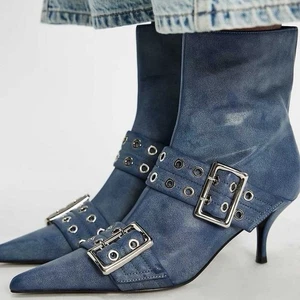 Nuovi stivaletti Jeffrey Campbell Deja Vu fibbia blu argento donna taglia 8 - Foto 1 di 10