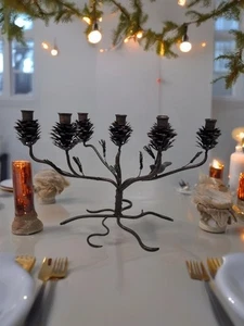 Vintage Metal Candleabra Pinecone Metal Pine Needles Bird Holiday Table Decor - Picture 1 of 14