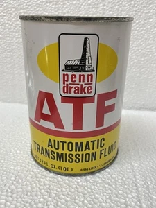 NOS FULL ~ Graphic 1950s era PENN DRAKE ATF Old 1 quart Metal Oil Can - Picture 1 of 7