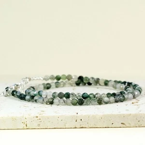 Collar de plata esterlina facetada redonda natural de ágata musgo verde de 3 mm de 18" - Imagen 1 de 11