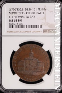 Great Britain: 1790's Middlesex Penny D&H-161 - NGC MS 63 BN - Scarce #SLG444 - Picture 1 of 2