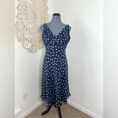 Adrianna Papell Vintage Blue Polka Dot Silk Ruched Midi Sundress Size 10/12 - Image 1 of 4