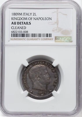 ITALY KINGDOM OF NAPOLEON  1809-M  2 LIRE SILVER COIN, NGC CERTIFIED "AU DETAILS - Image 1 of 2