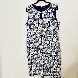 Lands' End Dress 16 Sheath Sleeveless Stretch Ponte Navy Blue White Floral - Picture 1 of 7