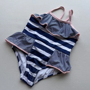 Penelope Mack Girls Size 6 Swimsuit Striped One Piece White Pink Blue - Picture 1 of 5
