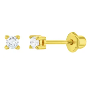 Gold Plated Extra Small Round Clear Cubic Zirconia Screw Back Baby Earrings 2mm