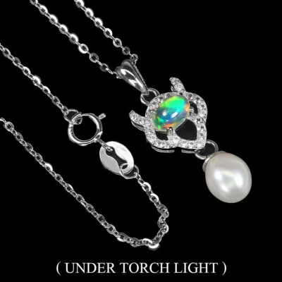 925 Argento Sterling Collana Ovale Opale di Fuoco 6x4mm Topazio Bianco Perla - Immagine 1 di 4