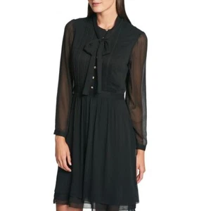 TOMMY HILFIGER Women's Black Illusion Sleeve Tie-neck Pleated Shirt Dress 2 TEDO - Picture 1 of 2