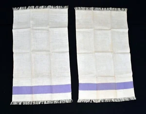 Pair Vintage Ecru with Purple Stripe Fringed Cotton Hand Towels 17 x 30 NWOT - Picture 1 of 7