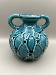 VTG Teal Blue Nautical Rope Design Vase 5"H X 5"W - Picture 1 of 7