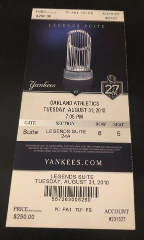 2010 Yankees vs A’s Ticket Stub 8/31/10 Legend STE HR Teixeira, Granderson NM/MT Cover