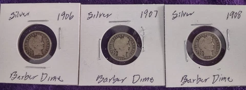Lot of 3 Barber Silver Dimes, 3 USA 10-Cent Silver Coins, 1906, 1907, 1908 Cover