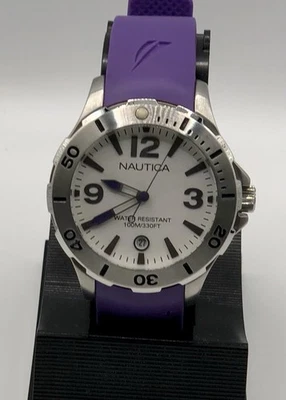 Reloj de buceo Nautica unisex N11551M ~ correas de resina púrpura ~ WR 100 metros ~ nuevo 🔋✅ Foto 1 de 4