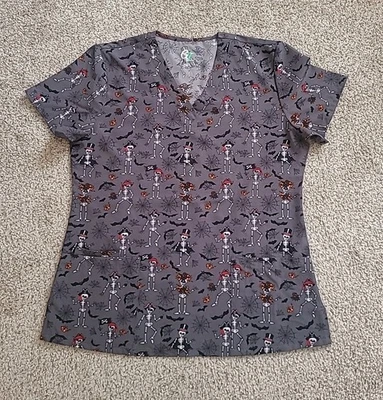  Women's Scrub Uniform Halloween  Top  Shirt  Skeltons Bones Bats Size MEDIUM  - Image 1 of 4