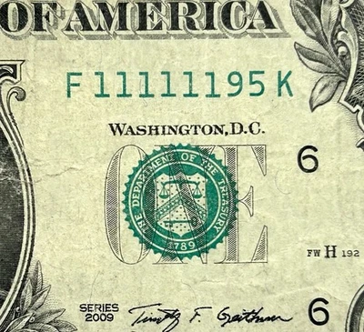 11111195 - Fancy Six In A Row Serial - 2009 $1 Bill Federal Reserve Note - Image 1 of 3