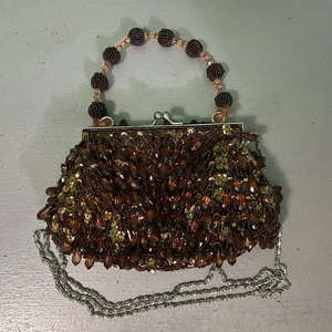 Bolso sin asas vintage de lentejuelas con cuentas MARRÓN Y DORADO con correa para el hombro - Imagen 1 de 21