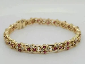 8Ct Round Lab-Created Red Ruby Women Tennis Bracelet 14k Yellow Gold Plated 7" - Picture 1 of 4