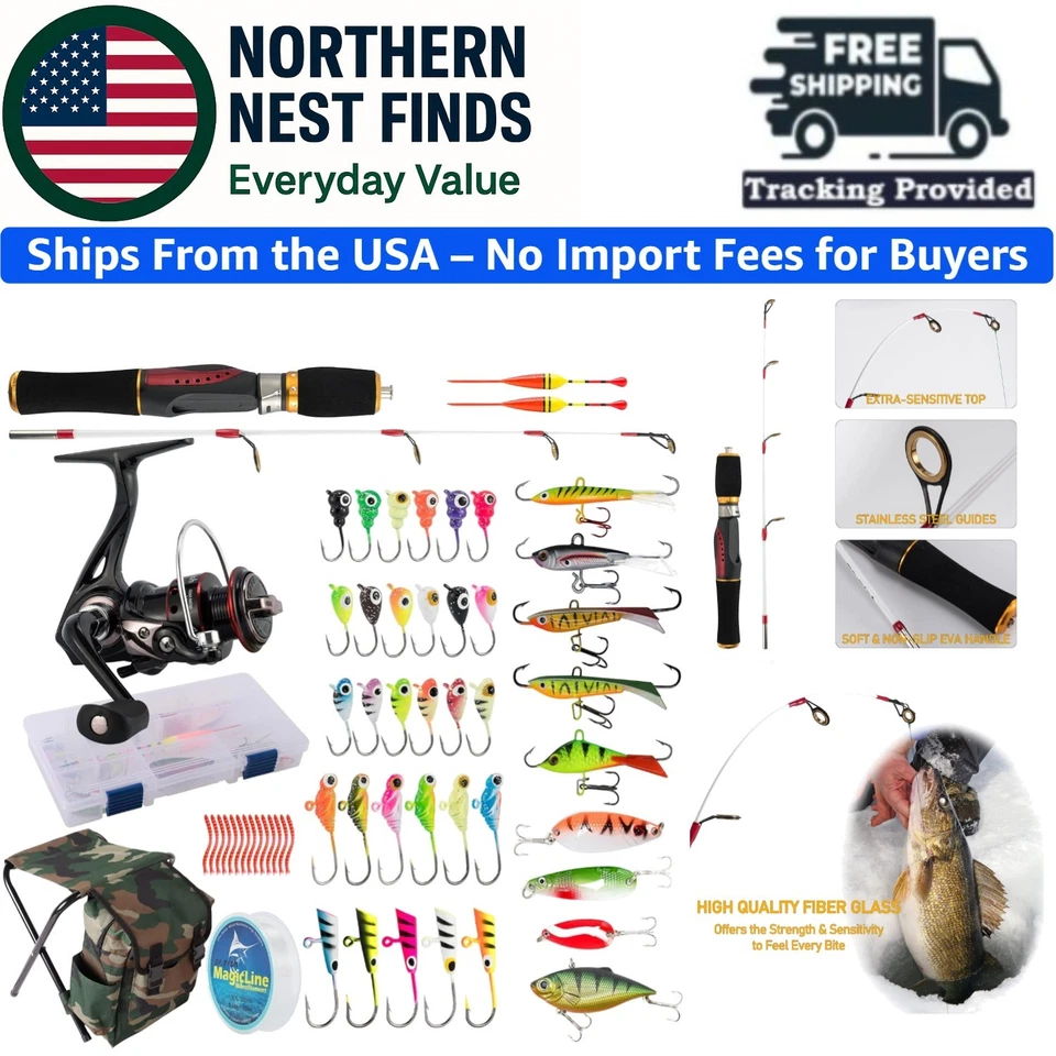 Ice Catcher Ice Fishing Combo: 24in Rod, Spinning Reel & Lure Set with Backpack - Image 1 of 4