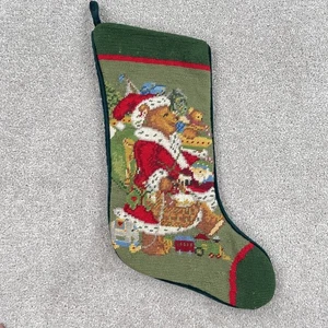 Vintage Needlepoint Christmas Stocking Santa Bear Gifts Train Hanger Tree Green - Picture 1 of 10