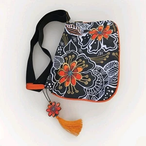 Laurel Burch Crossbody Shoulder Bag Purse Floral Print, Black Orange White, Boho - Picture 1 of 11