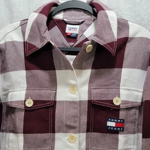 RARE Tommy Hilfiger Jeans Womens Jacket Size Small BURGANDY WHITE CHECK Plaid - Picture 1 of 16