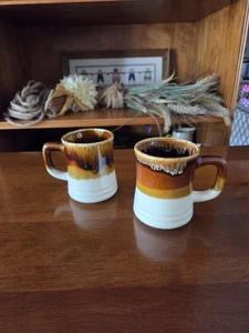 Juego de 2 tazas de café retro rústicas de cabina de gres esmaltado por goteo vintage de los años 70 - Imagen 1 de 8