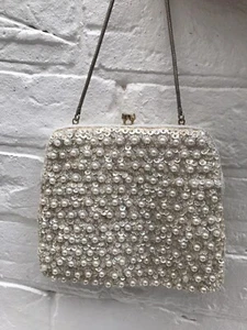 Beaded Pearl Wedding Bride Iridescent Sequin Vintage Cream Clutch Bag Beads - Picture 1 of 11