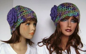 Mommy and Me Flower Hat Set Purple Green Multi Hand Crochet Knit Mother Daughter - Picture 1 of 7