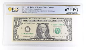 1988 $1 Chicago IL FRN Fr#1914-G Radar Serial Superb Gem Unc 67 PPQ PCGS *6124 - Picture 1 of 3