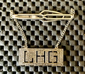 STERLING SILVER TIE BAR CLIP WITH CHAIN AND "LHG" MONOGRAM INITIALS - Picture 1 of 4