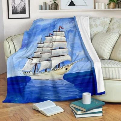 Sailing Nautical Blanket Throw Fleece Cozy Couch Sofa Plush Bedding Gift - Image 1 of 4