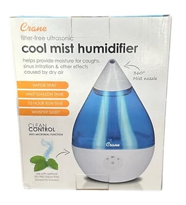 Crane Filter Free Ultrasonic Cool Mist Humidifier 0.5 Gallon Tank Blue & White - Picture 1 of 7