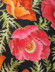 Orange, pink flowers on black Asian fabric 6 Yard piece # 1452 - Picture 1 of 1