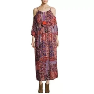 Raga Sunset Vista Cold Shoulder Maxi Dress Purple Red Floral Bohemian Hippie Med - Picture 1 of 14