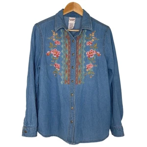 Scandia Woods Floral Embroidered Long Sleeve Button Up Denim Shirt Size M - Picture 1 of 8